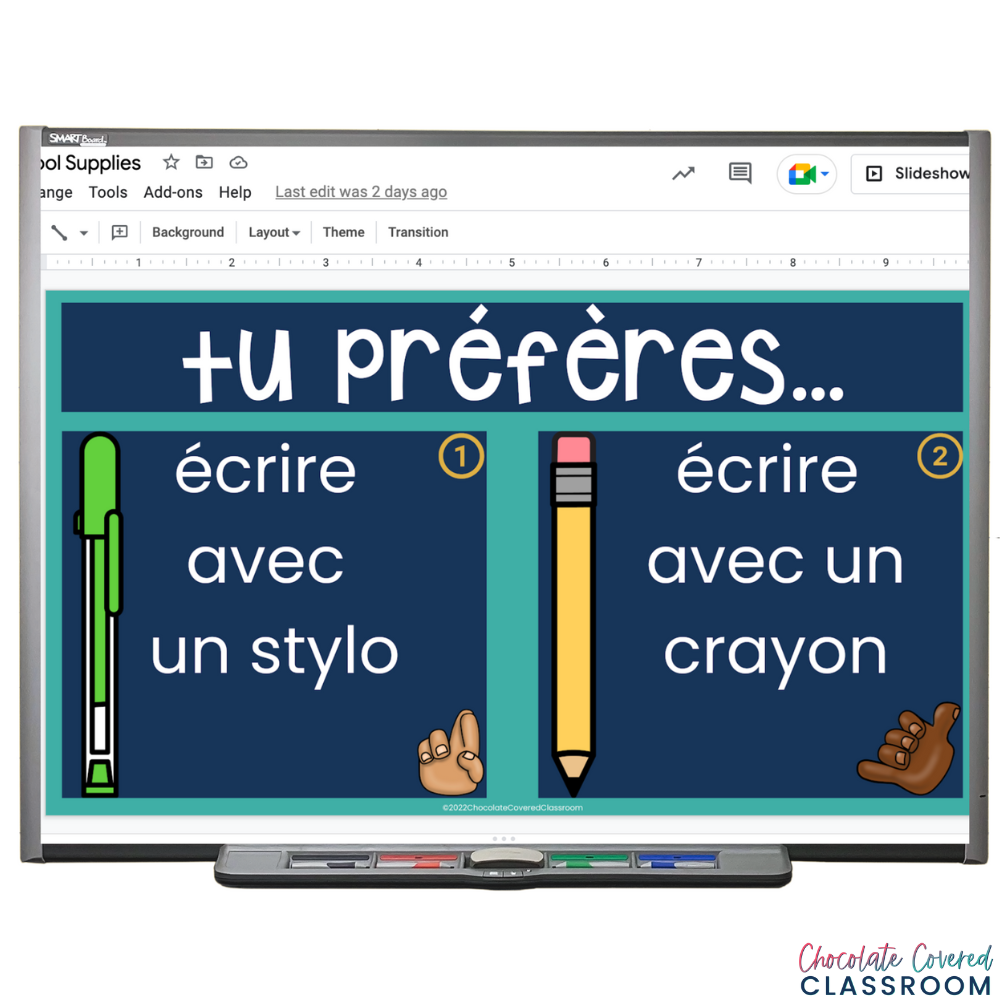 french school supplies would you rather game for the fsl classroom