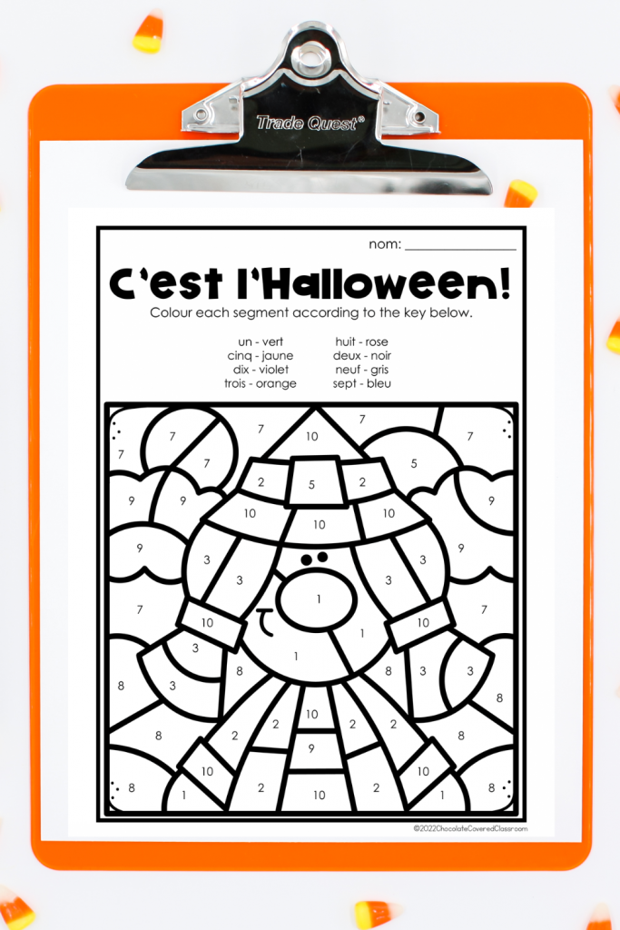 free french Halloween colour by number activity